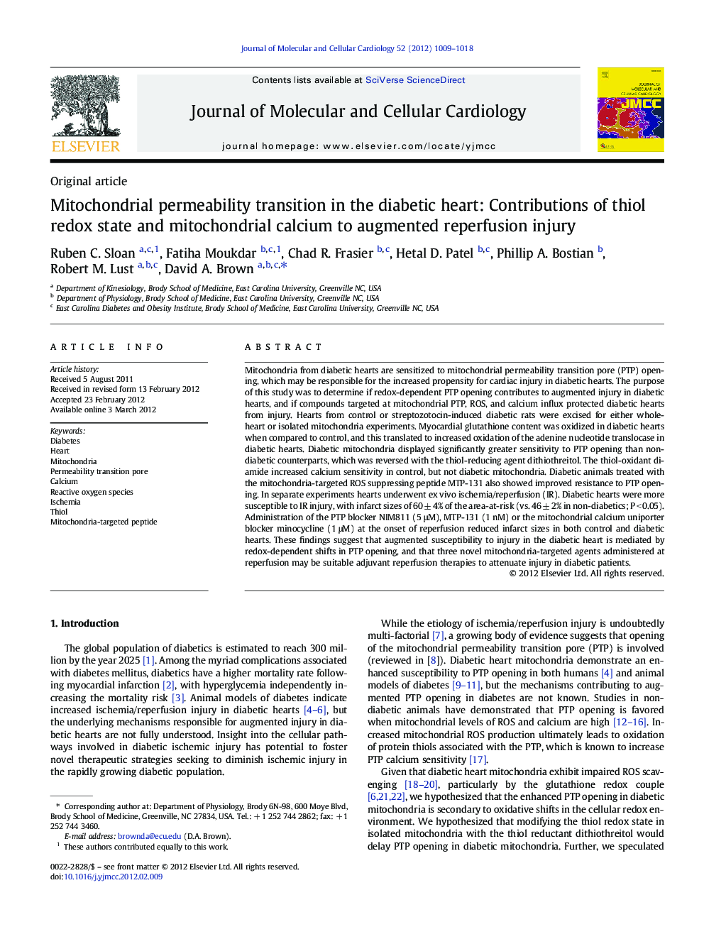 Mitochondrial permeability transition in the diabetic heart: Contributions of thiol redox state and mitochondrial calcium to augmented reperfusion injury