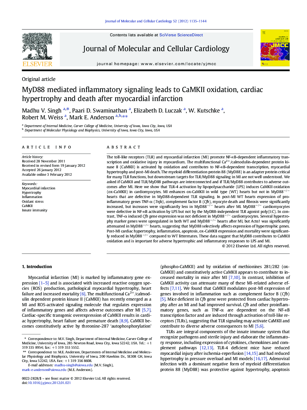 MyD88 mediated inflammatory signaling leads to CaMKII oxidation, cardiac hypertrophy and death after myocardial infarction