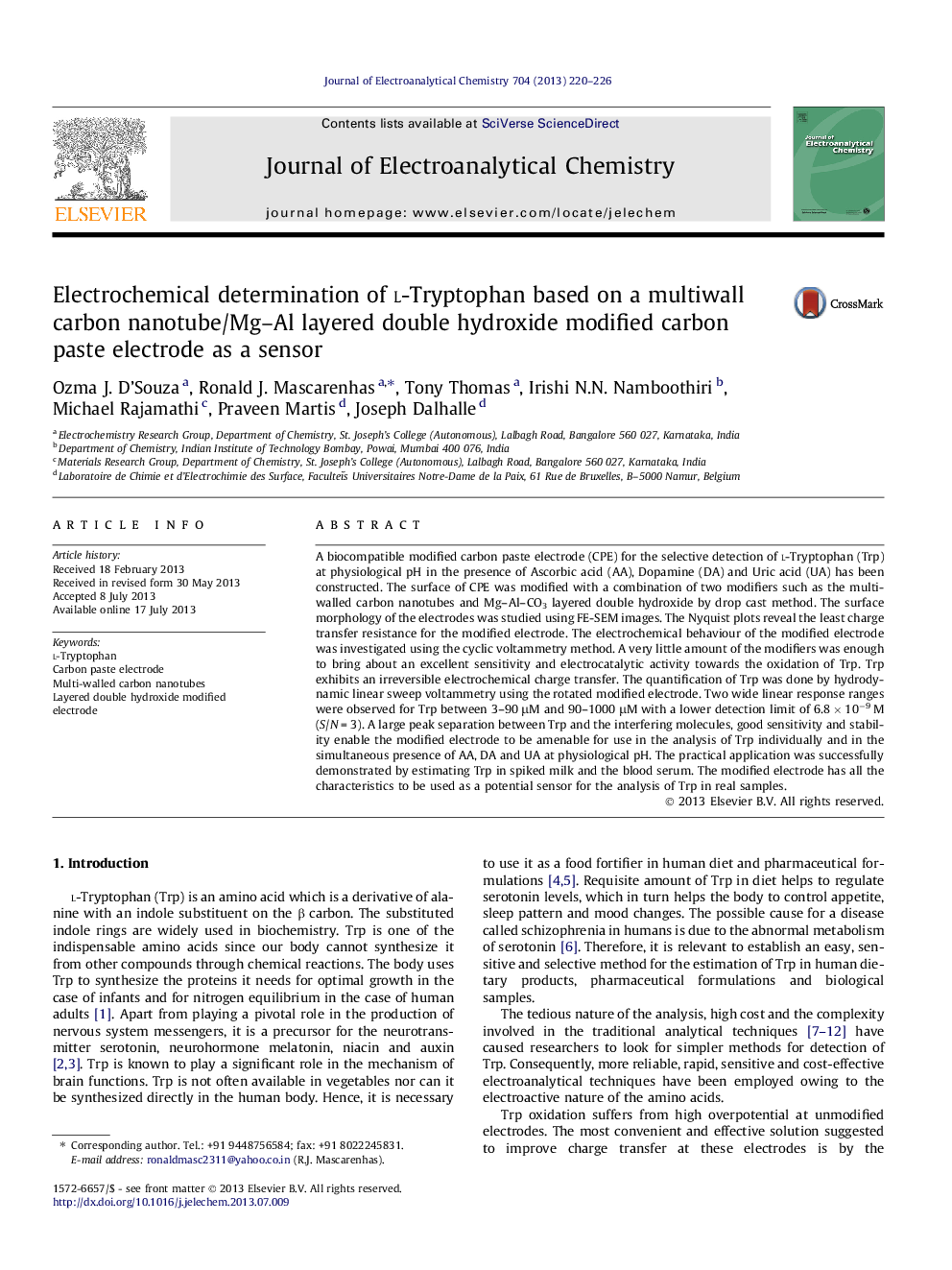 Electrochemical determination of L-Tryptophan based on a multiwall carbon nanotube/Mg–Al layered double hydroxide modified carbon paste electrode as a sensor