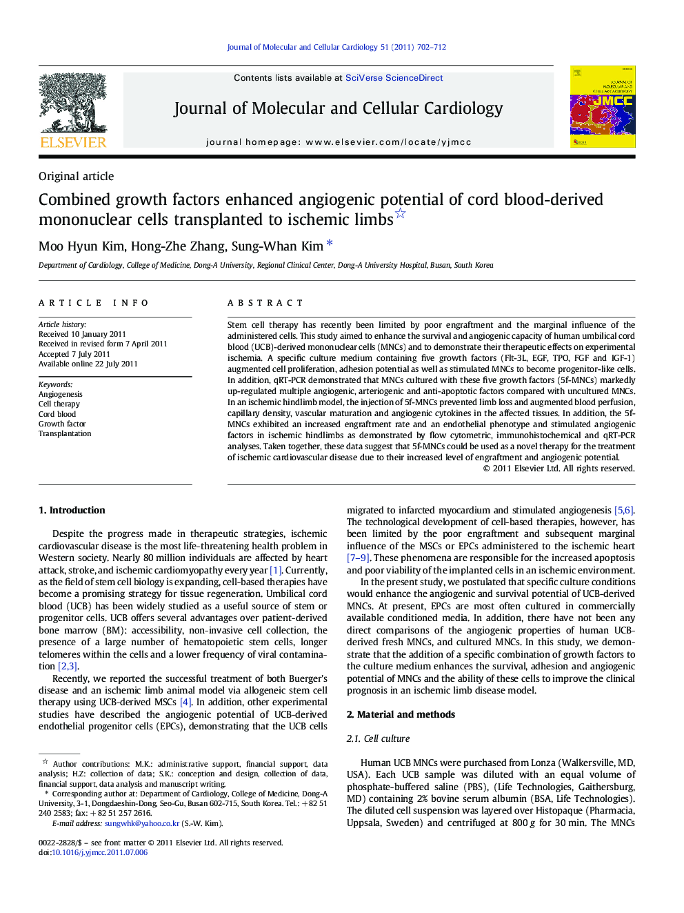 Combined growth factors enhanced angiogenic potential of cord blood-derived mononuclear cells transplanted to ischemic limbs 