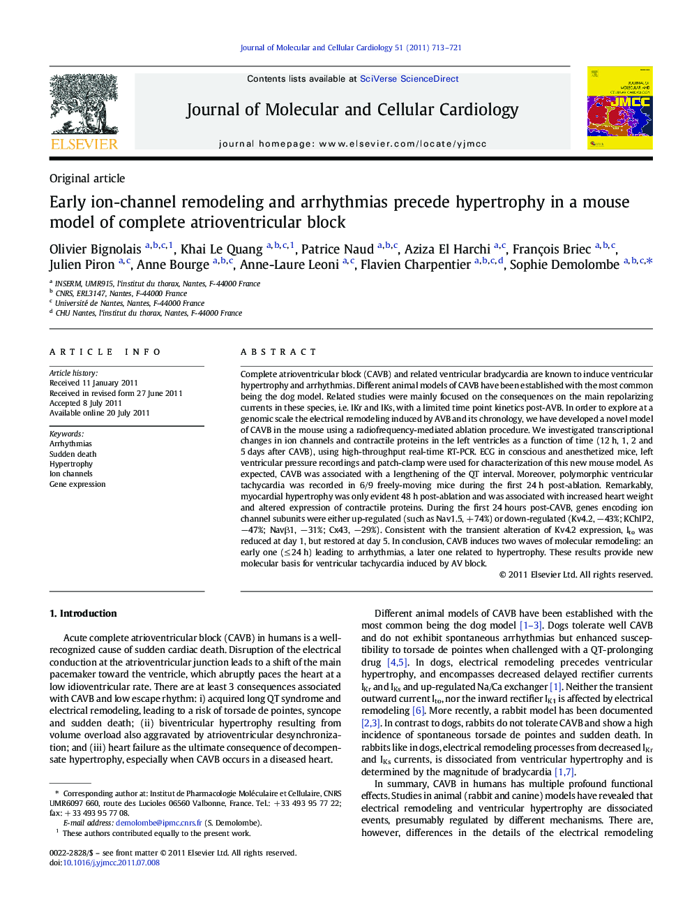 Early ion-channel remodeling and arrhythmias precede hypertrophy in a mouse model of complete atrioventricular block