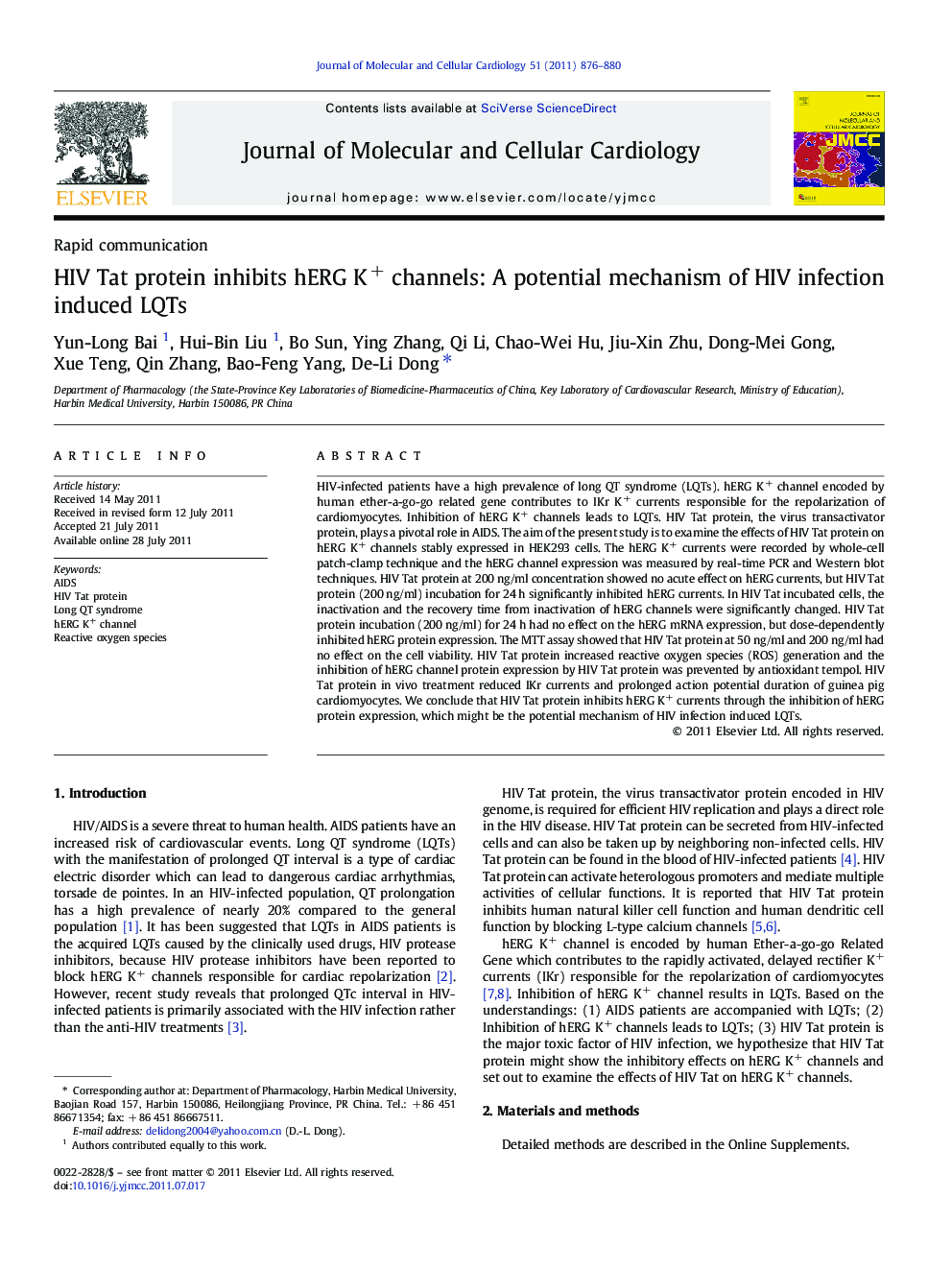 HIV Tat protein inhibits hERG K+ channels: A potential mechanism of HIV infection induced LQTs