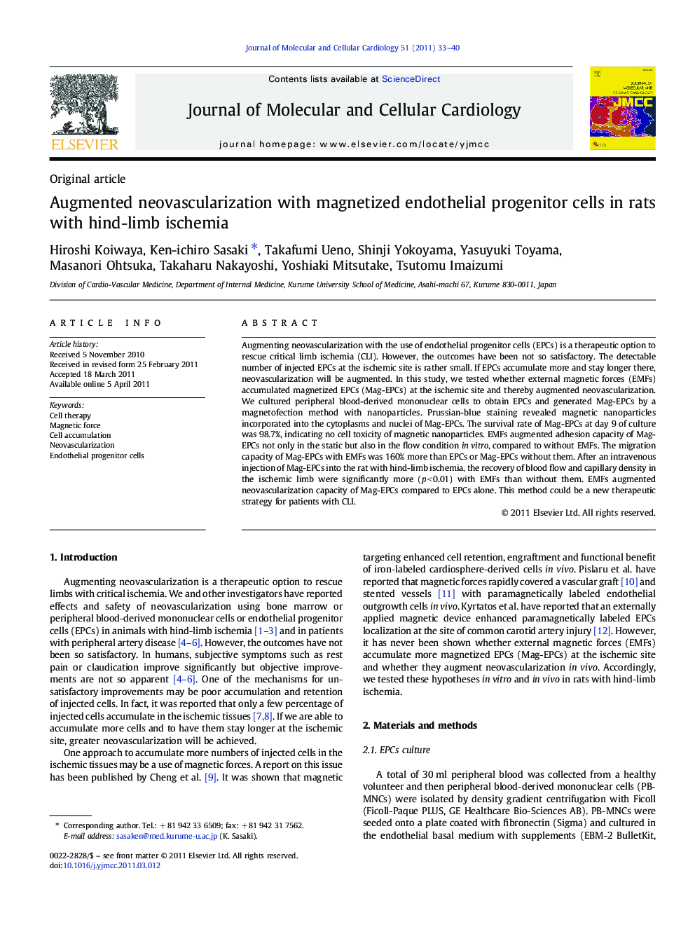 Augmented neovascularization with magnetized endothelial progenitor cells in rats with hind-limb ischemia