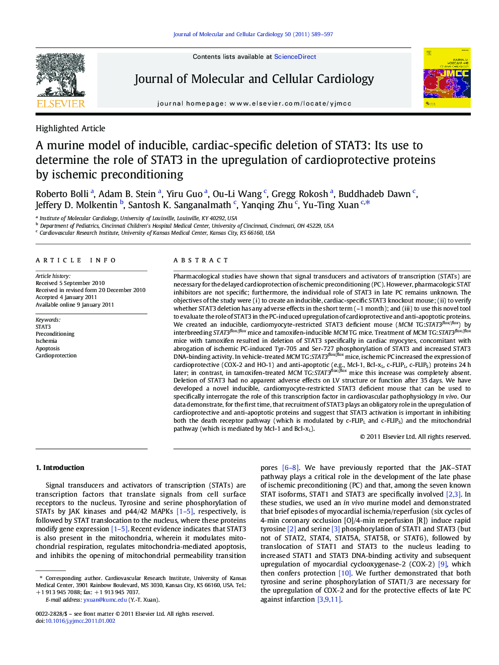 A murine model of inducible, cardiac-specific deletion of STAT3: Its use to determine the role of STAT3 in the upregulation of cardioprotective proteins by ischemic preconditioning