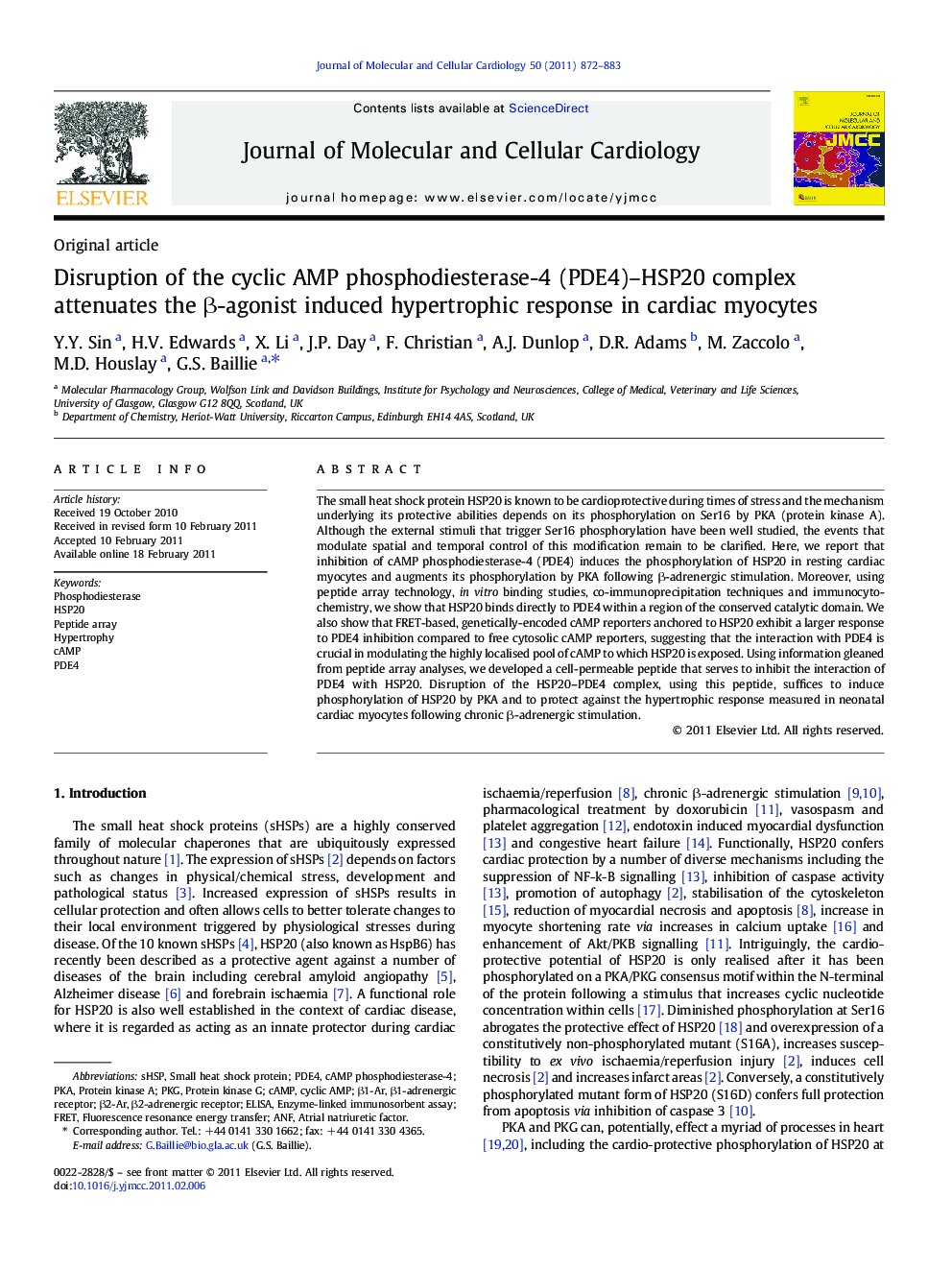 Disruption of the cyclic AMP phosphodiesterase-4 (PDE4)–HSP20 complex attenuates the β-agonist induced hypertrophic response in cardiac myocytes