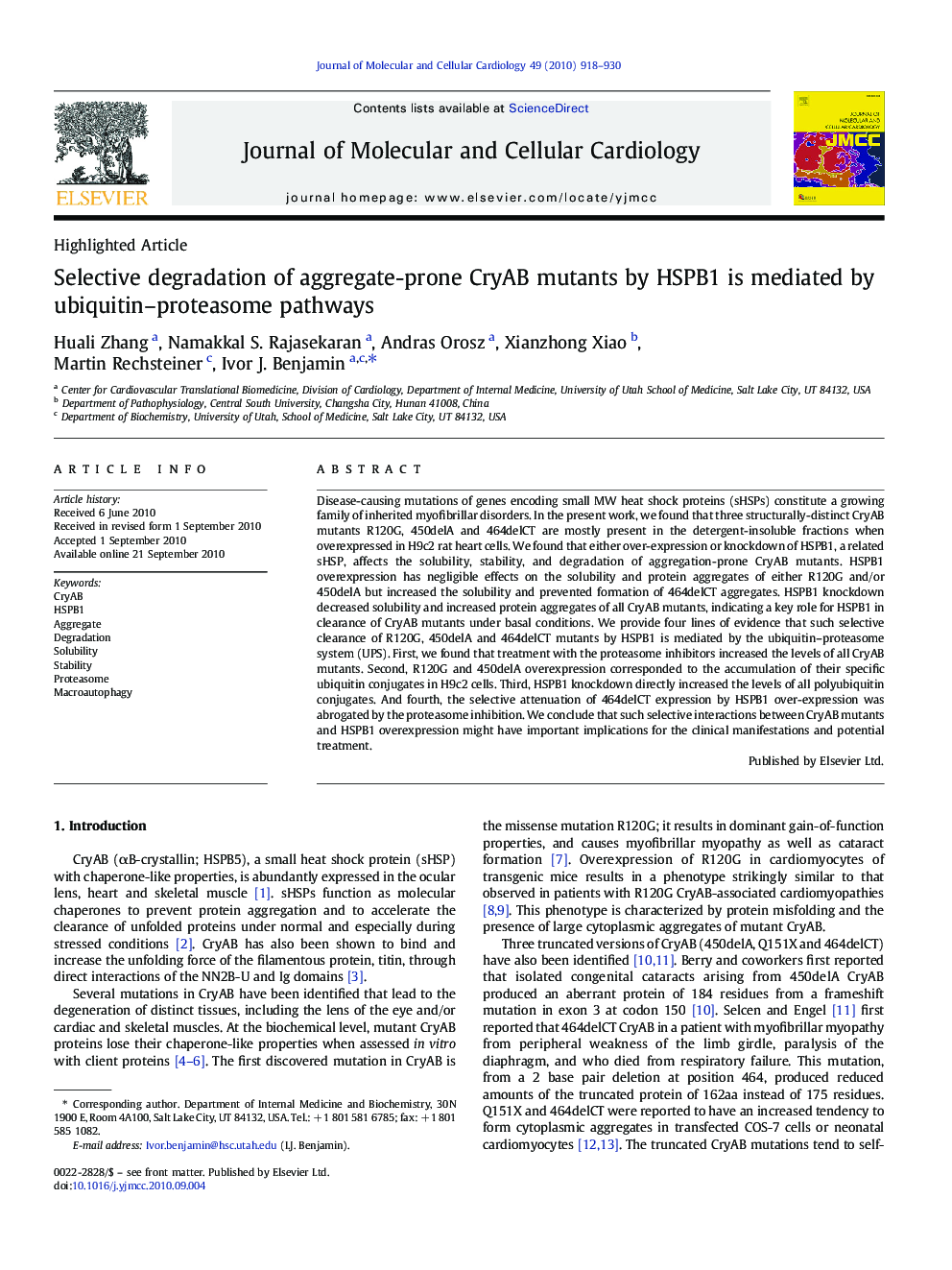 Selective degradation of aggregate-prone CryAB mutants by HSPB1 is mediated by ubiquitin–proteasome pathways