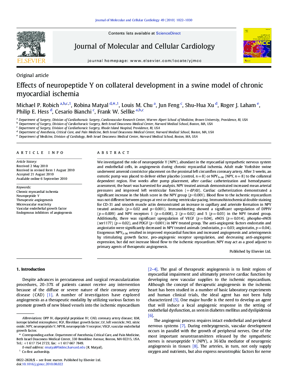 Effects of neuropeptide Y on collateral development in a swine model of chronic myocardial ischemia