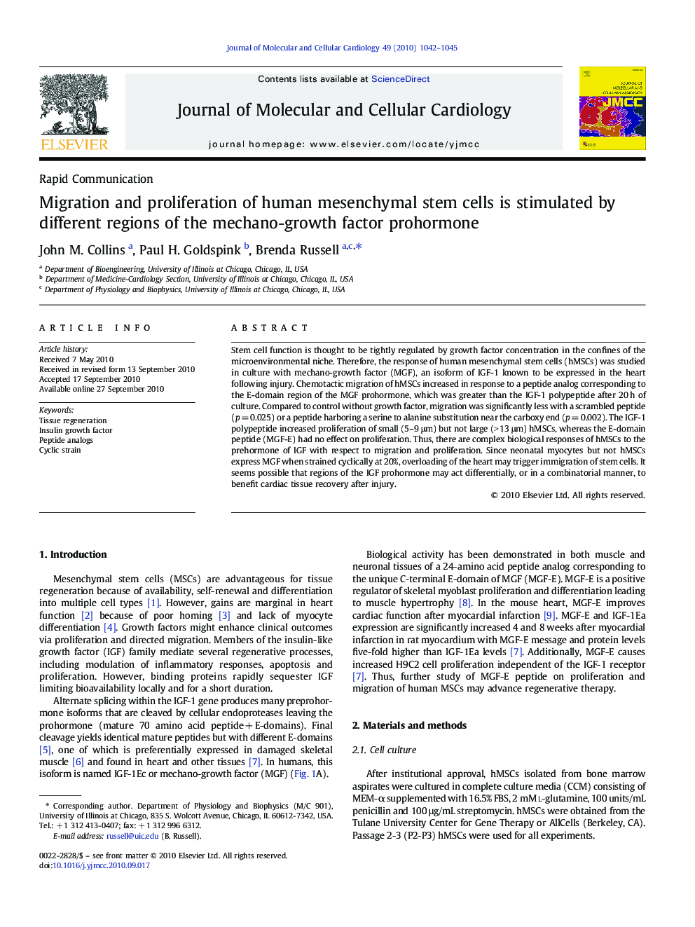 Migration and proliferation of human mesenchymal stem cells is stimulated by different regions of the mechano-growth factor prohormone