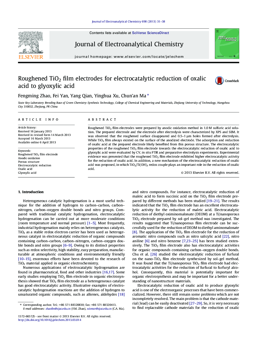 Roughened TiO2 film electrodes for electrocatalytic reduction of oxalic acid to glyoxylic acid