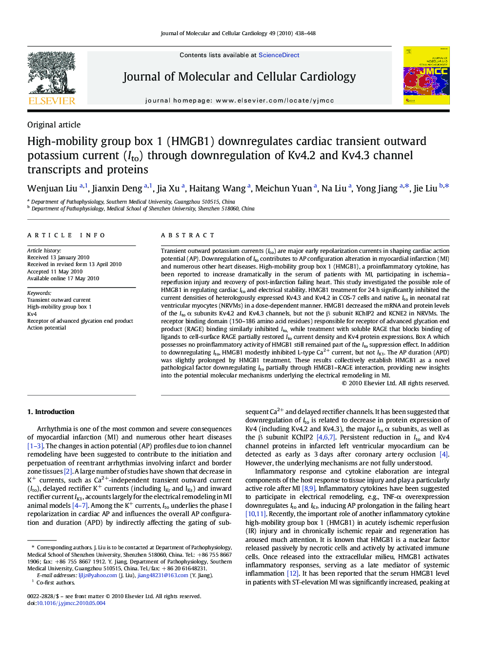 High-mobility group box 1 (HMGB1) downregulates cardiac transient outward potassium current (Ito) through downregulation of Kv4.2 and Kv4.3 channel transcripts and proteins