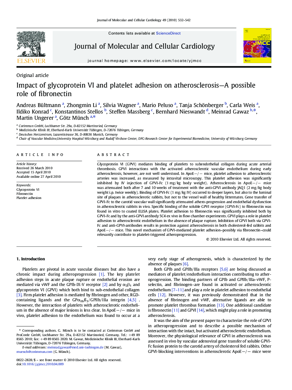 Impact of glycoprotein VI and platelet adhesion on atherosclerosis—A possible role of fibronectin