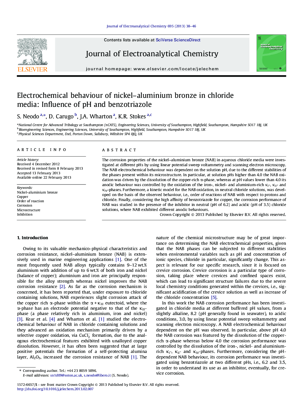 Electrochemical behaviour of nickel–aluminium bronze in chloride media: Influence of pH and benzotriazole