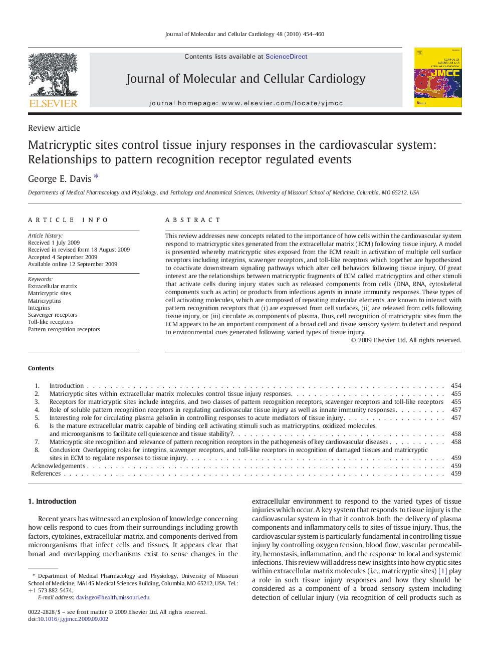 Matricryptic sites control tissue injury responses in the cardiovascular system: Relationships to pattern recognition receptor regulated events