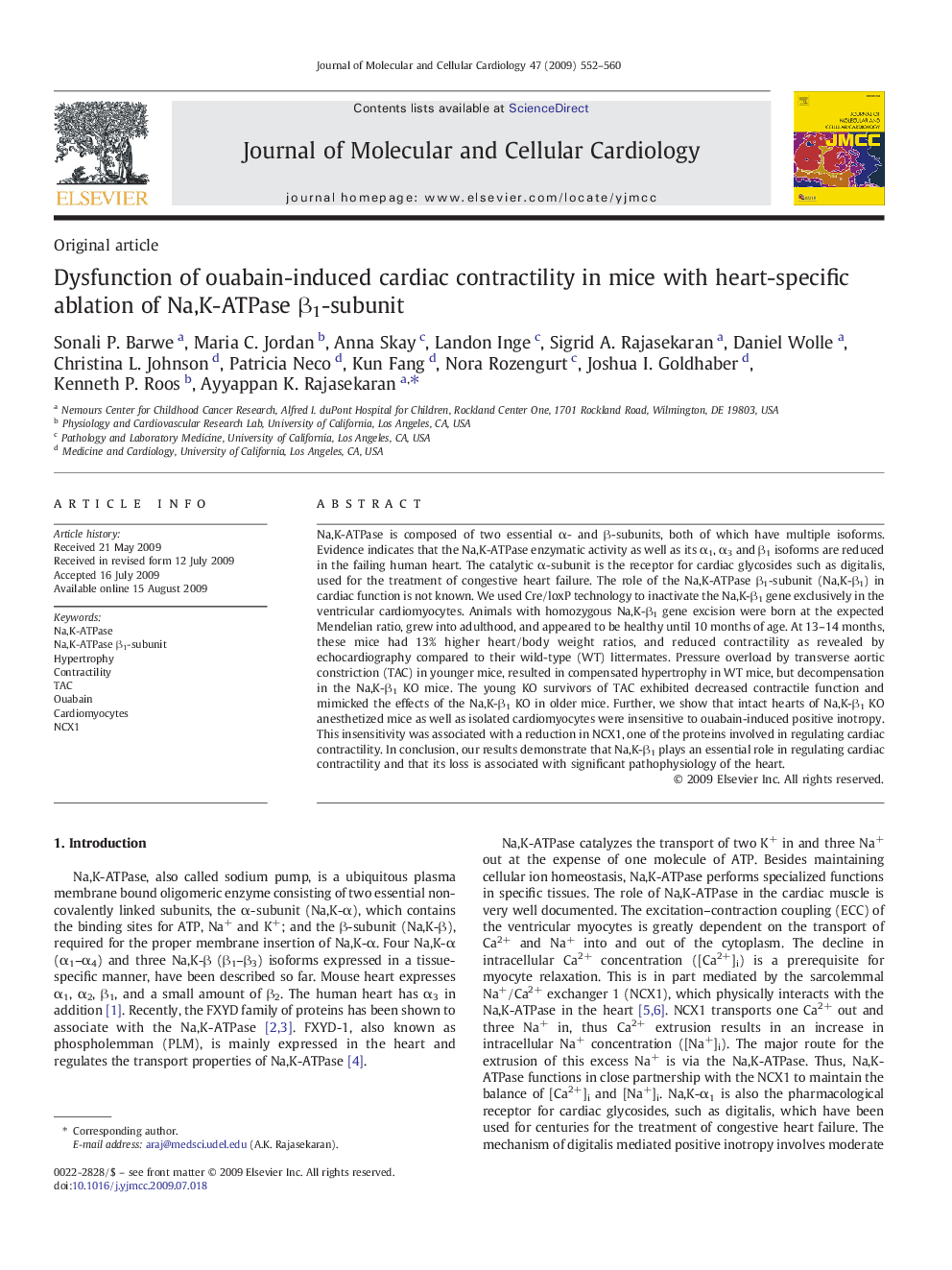 Dysfunction of ouabain-induced cardiac contractility in mice with heart-specific ablation of Na,K-ATPase β1-subunit