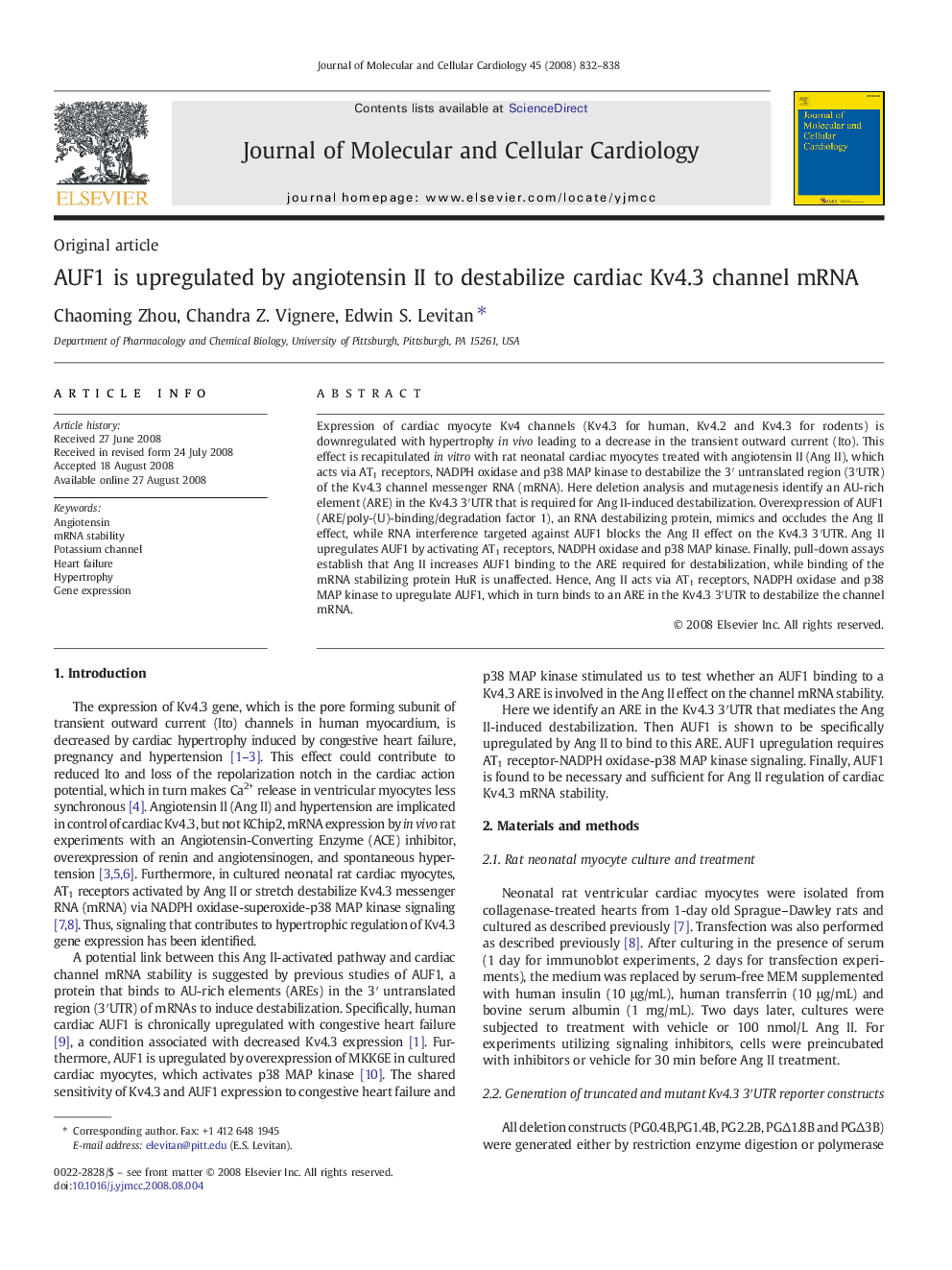 AUF1 is upregulated by angiotensin II to destabilize cardiac Kv4.3 channel mRNA