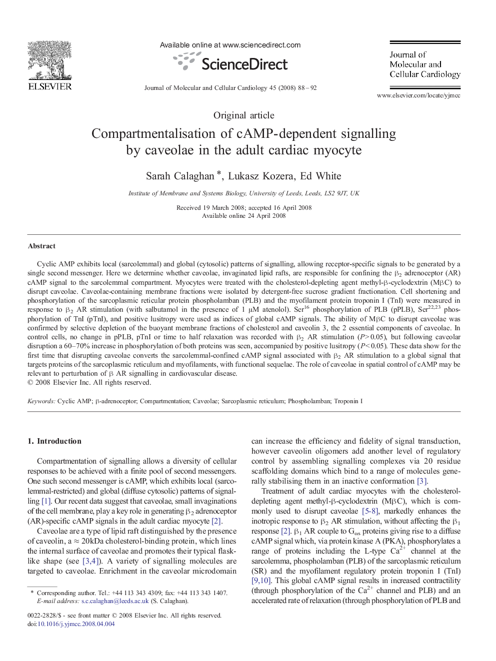 Compartmentalisation of cAMP-dependent signalling by caveolae in the adult cardiac myocyte