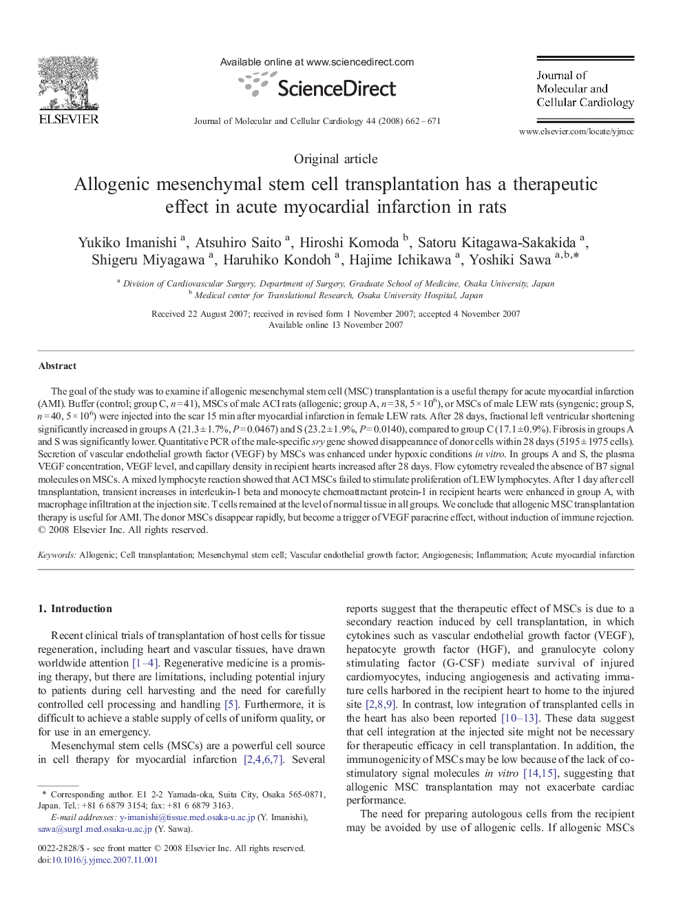 Allogenic mesenchymal stem cell transplantation has a therapeutic effect in acute myocardial infarction in rats