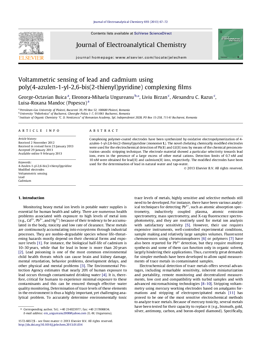 Voltammetric sensing of lead and cadmium using poly(4-azulen-1-yl-2,6-bis(2-thienyl)pyridine) complexing films