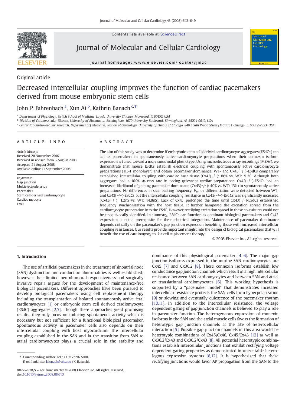 Decreased intercellular coupling improves the function of cardiac pacemakers derived from mouse embryonic stem cells