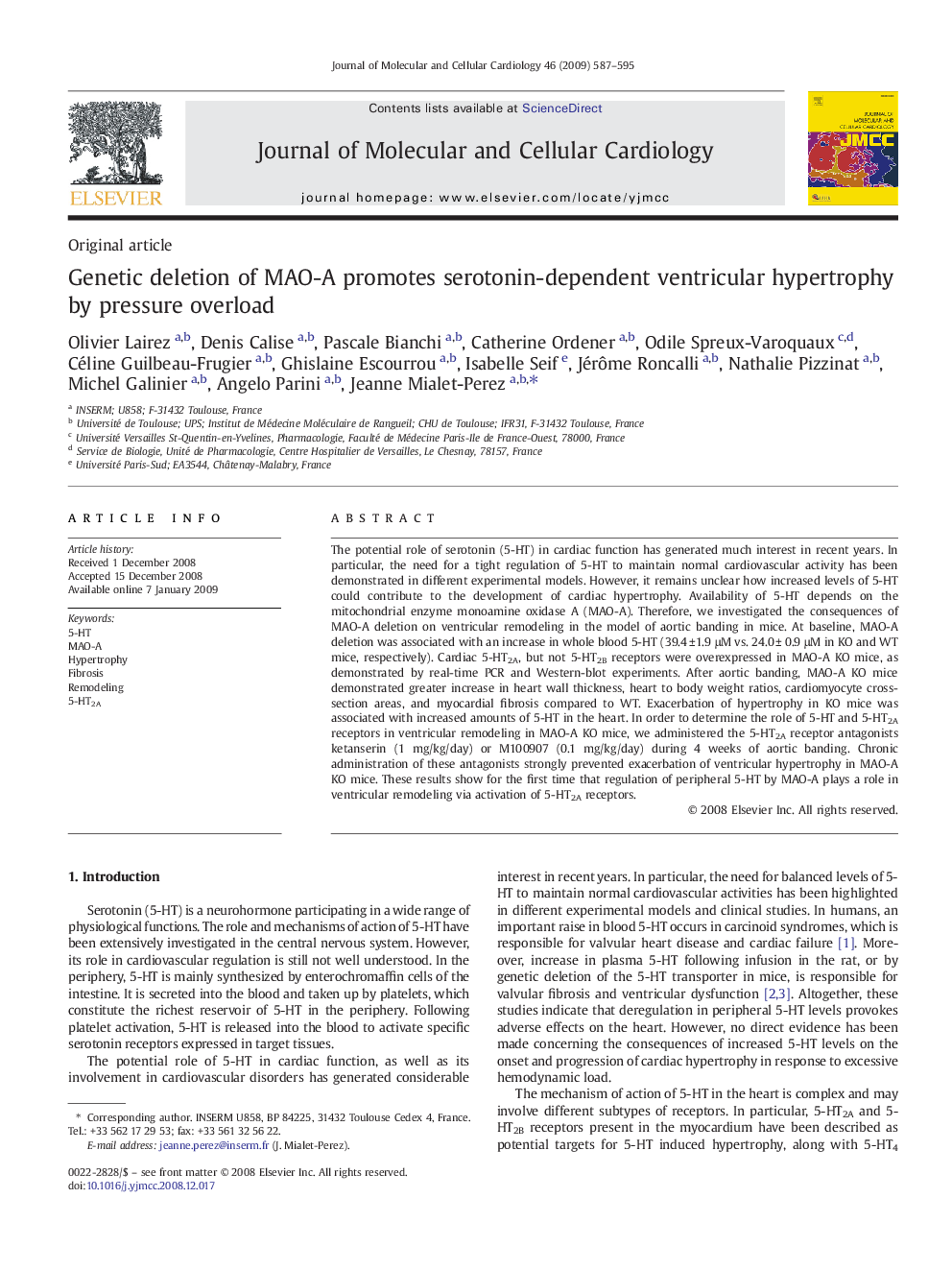 Genetic deletion of MAO-A promotes serotonin-dependent ventricular hypertrophy by pressure overload