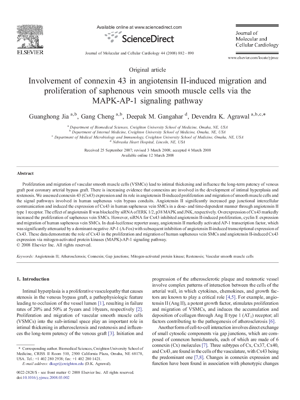 Involvement of connexin 43 in angiotensin II-induced migration and proliferation of saphenous vein smooth muscle cells via the MAPK-AP-1 signaling pathway