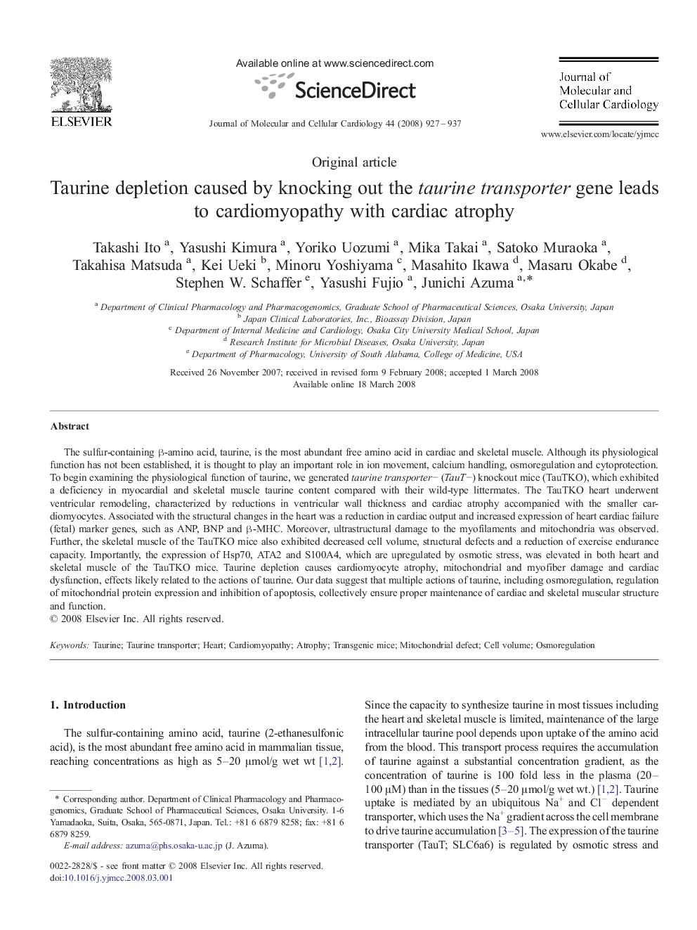 Taurine depletion caused by knocking out the taurine transporter gene leads to cardiomyopathy with cardiac atrophy