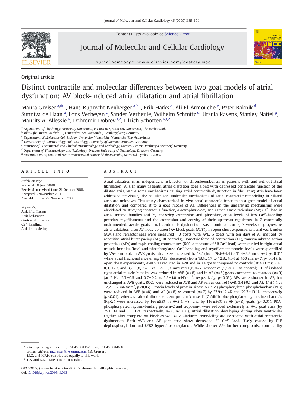 Distinct contractile and molecular differences between two goat models of atrial dysfunction: AV block-induced atrial dilatation and atrial fibrillation