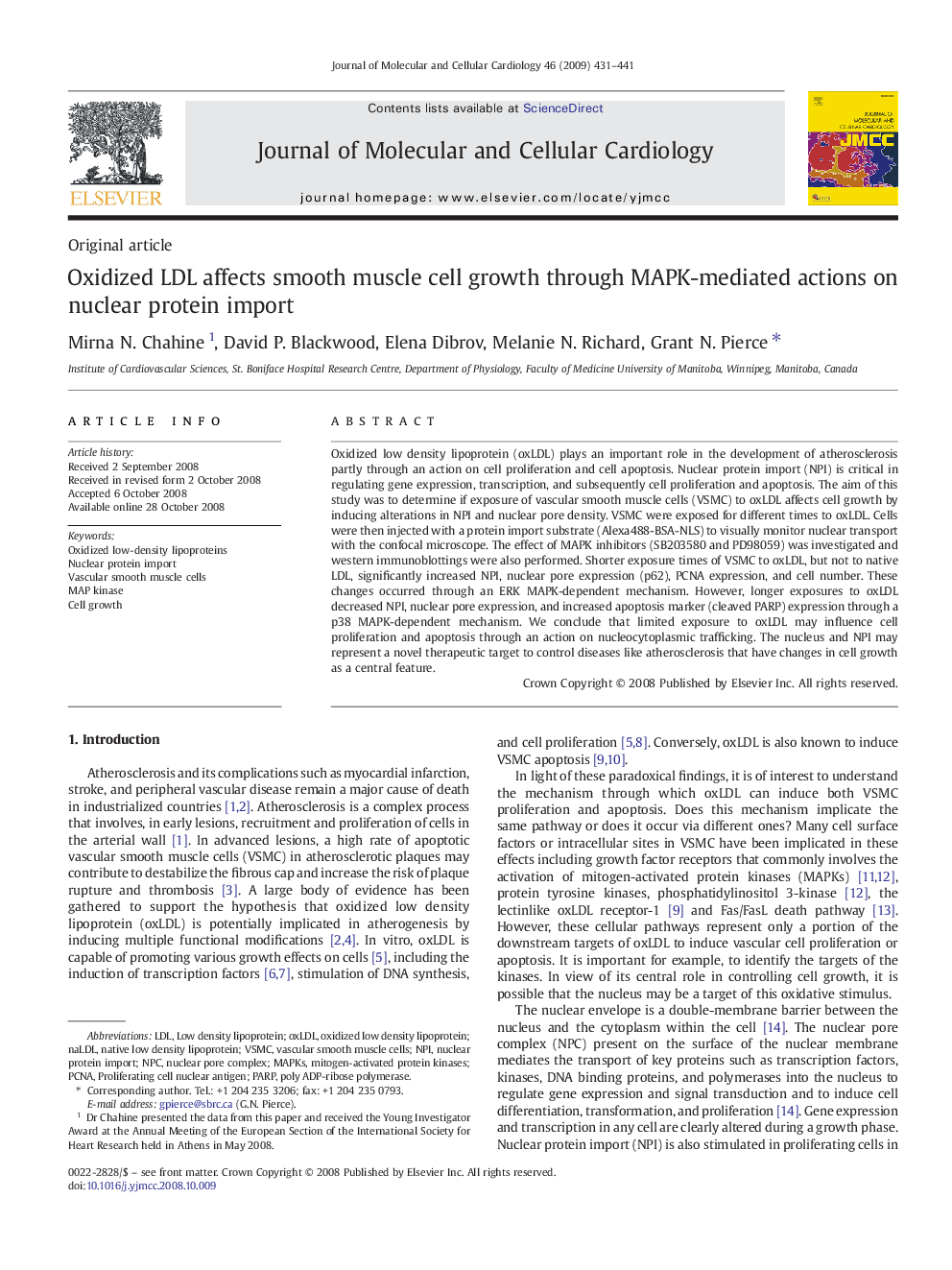 Oxidized LDL affects smooth muscle cell growth through MAPK-mediated actions on nuclear protein import