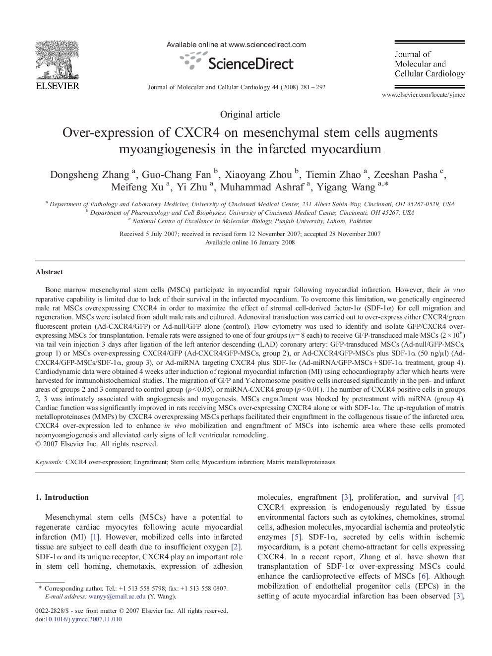 Over-expression of CXCR4 on mesenchymal stem cells augments myoangiogenesis in the infarcted myocardium