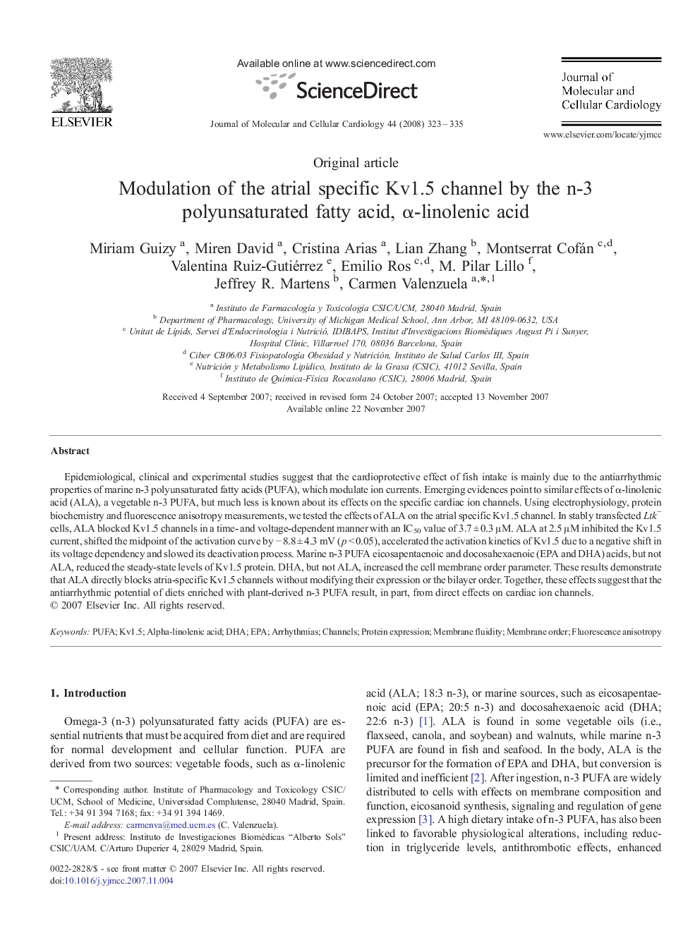 Modulation of the atrial specific Kv1.5 channel by the n-3 polyunsaturated fatty acid, α-linolenic acid