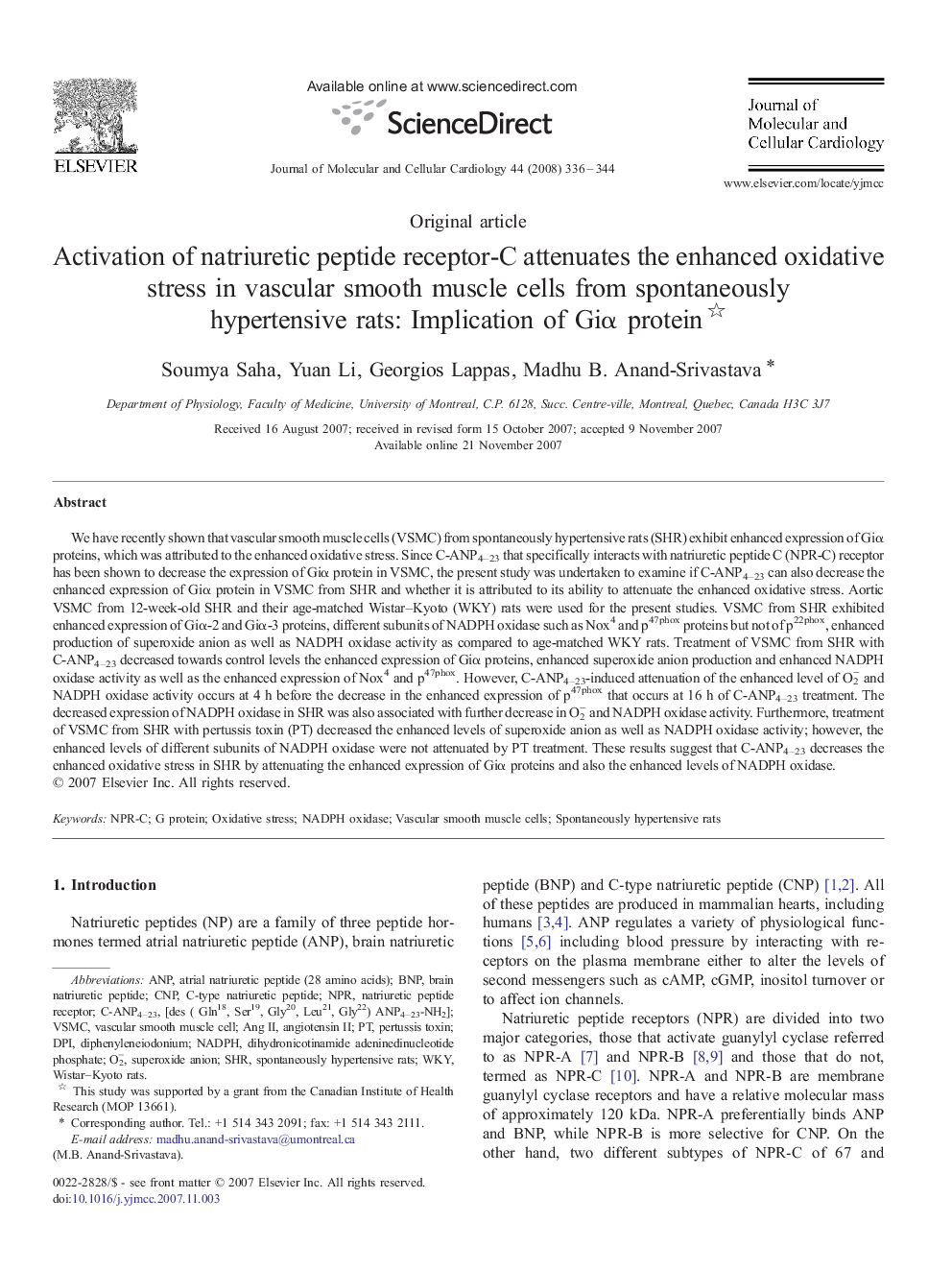 Activation of natriuretic peptide receptor-C attenuates the enhanced oxidative stress in vascular smooth muscle cells from spontaneously hypertensive rats: Implication of Giα protein 