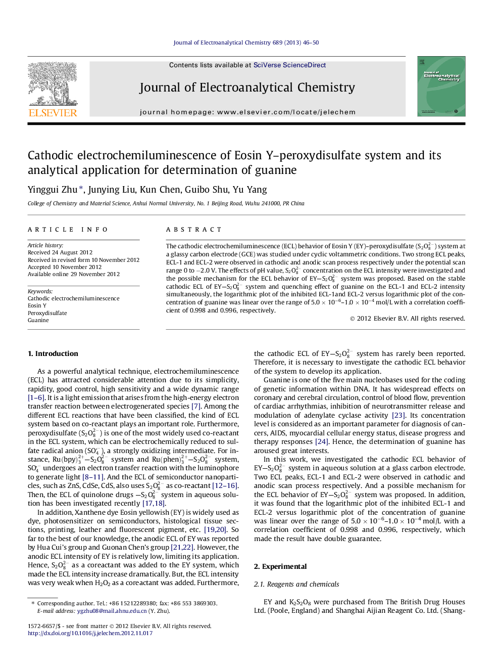 Cathodic electrochemiluminescence of Eosin Y–peroxydisulfate system and its analytical application for determination of guanine