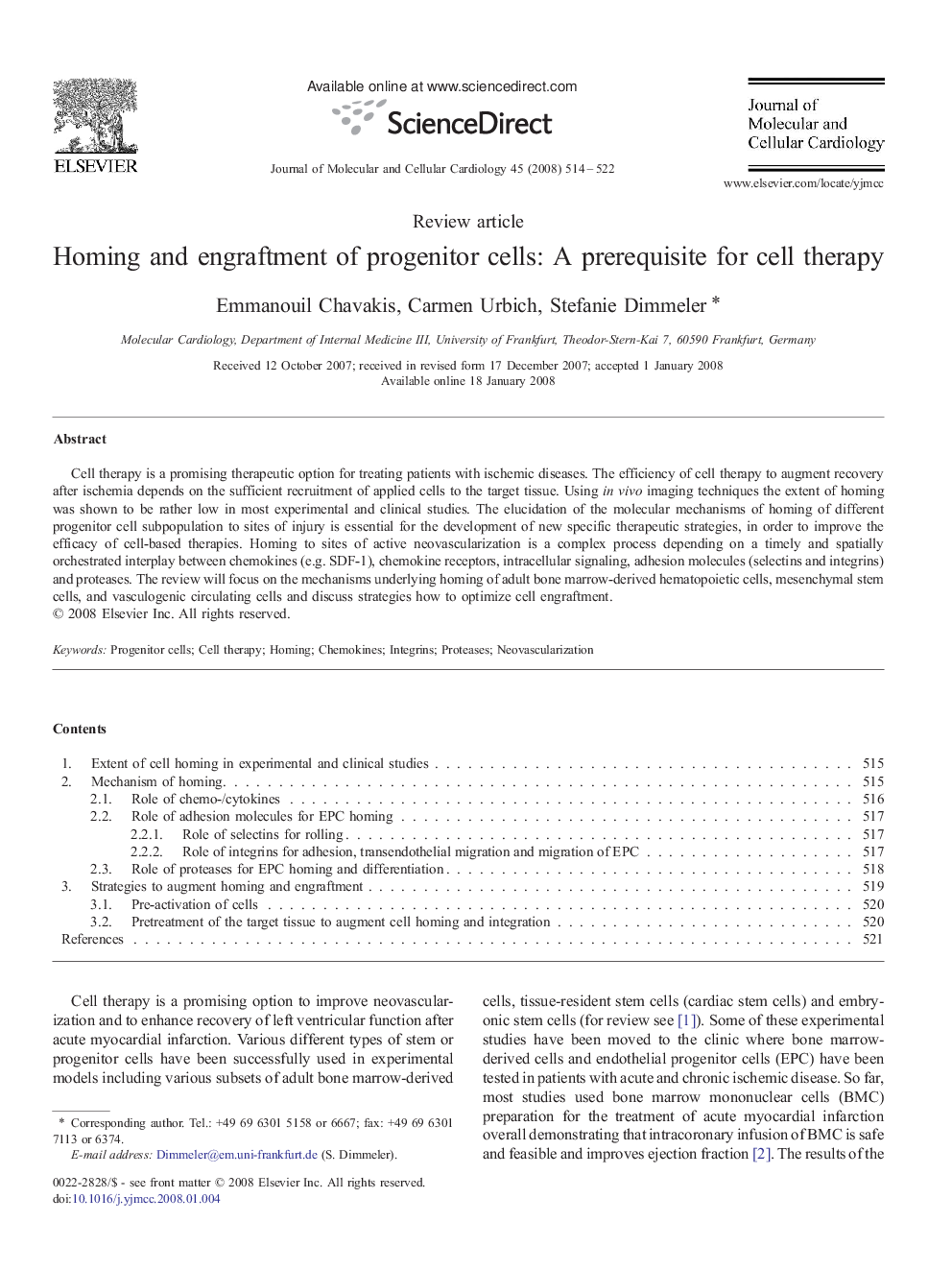 Homing and engraftment of progenitor cells: A prerequisite for cell therapy