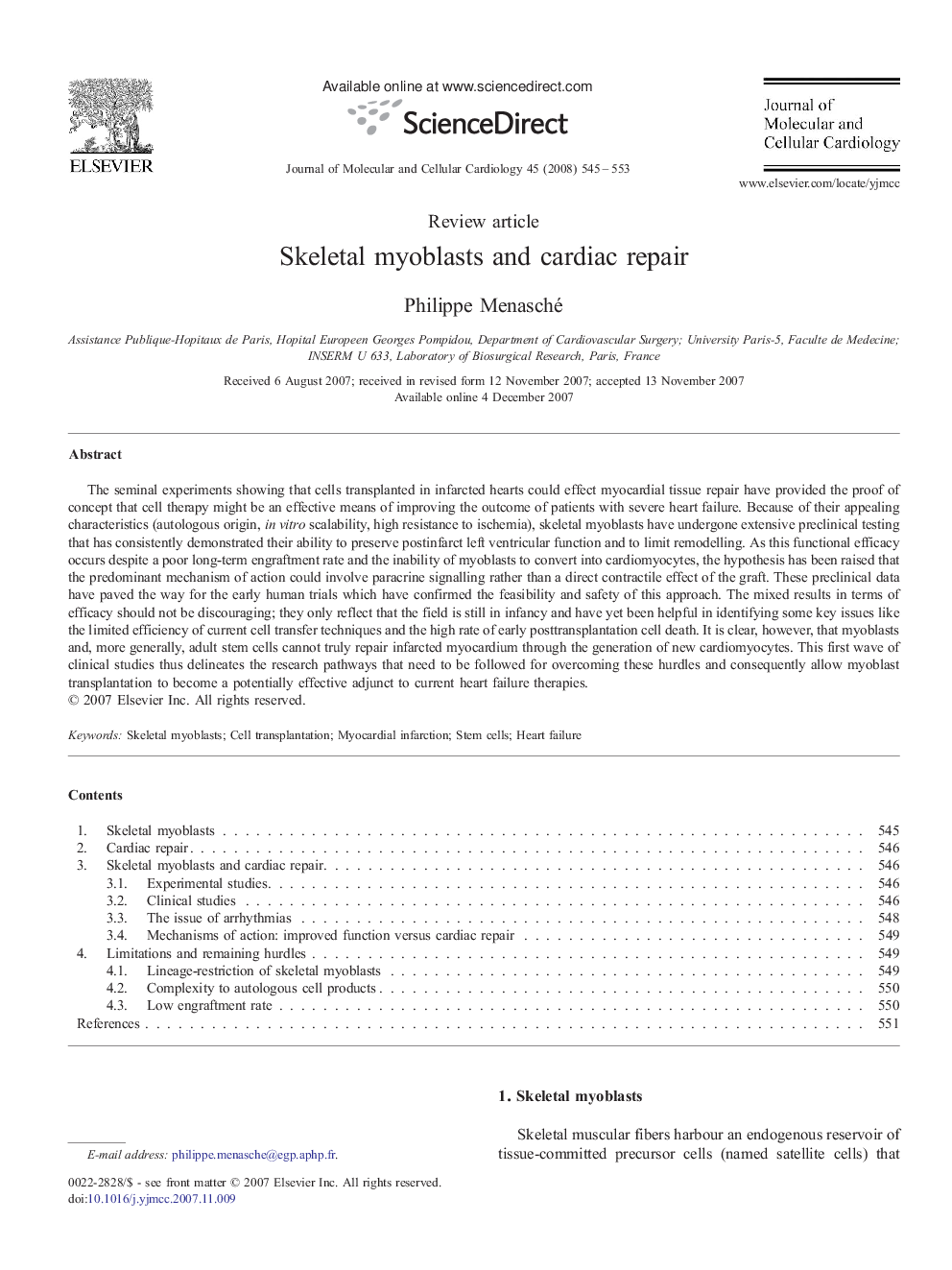 Skeletal myoblasts and cardiac repair