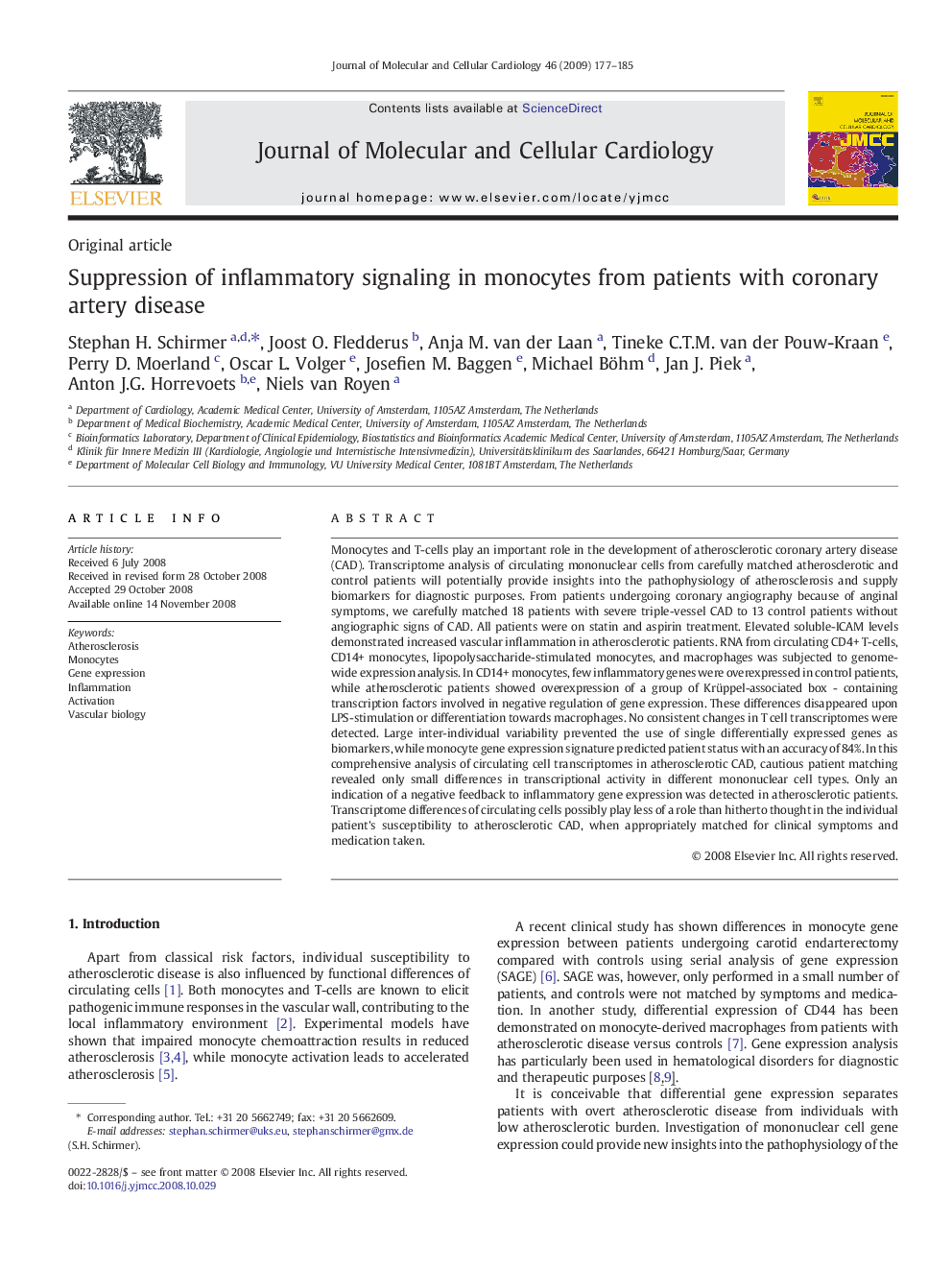 Suppression of inflammatory signaling in monocytes from patients with coronary artery disease