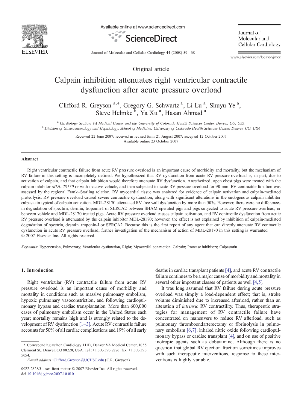 Calpain inhibition attenuates right ventricular contractile dysfunction after acute pressure overload