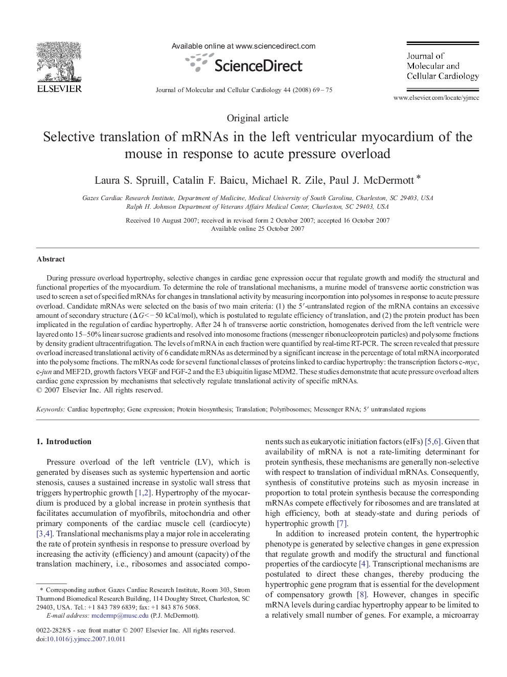 Selective translation of mRNAs in the left ventricular myocardium of the mouse in response to acute pressure overload