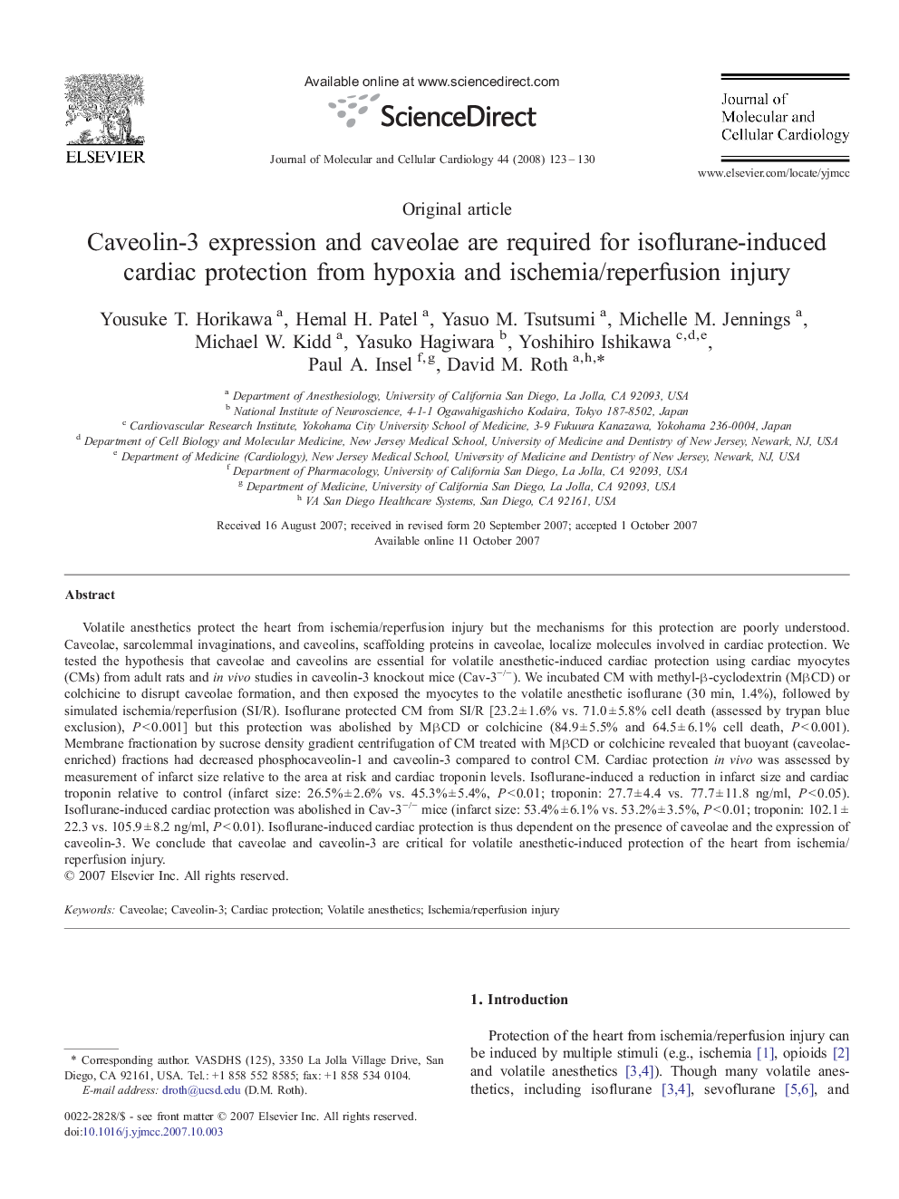 Caveolin-3 expression and caveolae are required for isoflurane-induced cardiac protection from hypoxia and ischemia/reperfusion injury