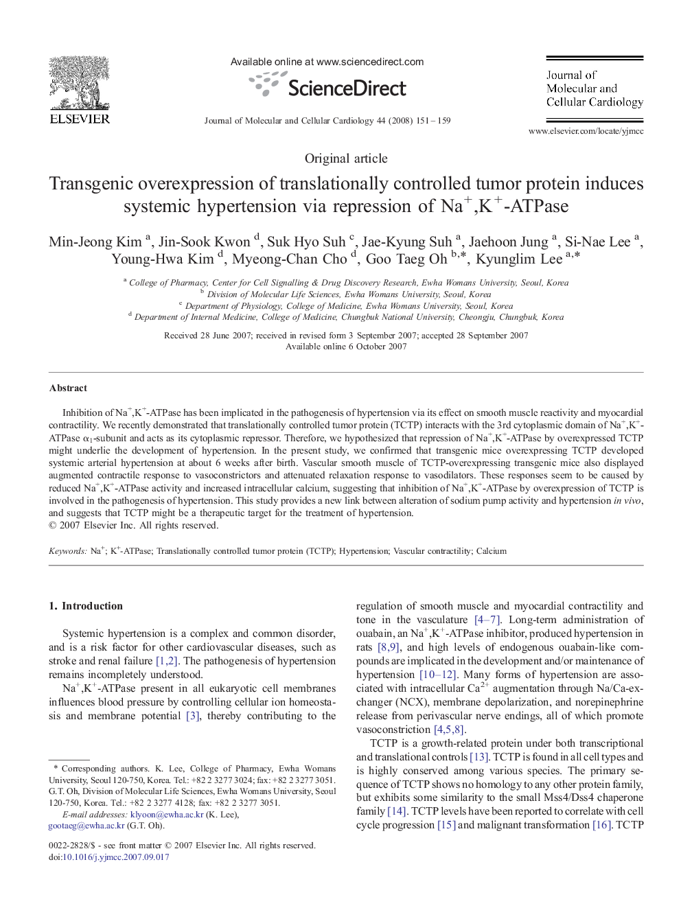 Transgenic overexpression of translationally controlled tumor protein induces systemic hypertension via repression of Na+,K+-ATPase