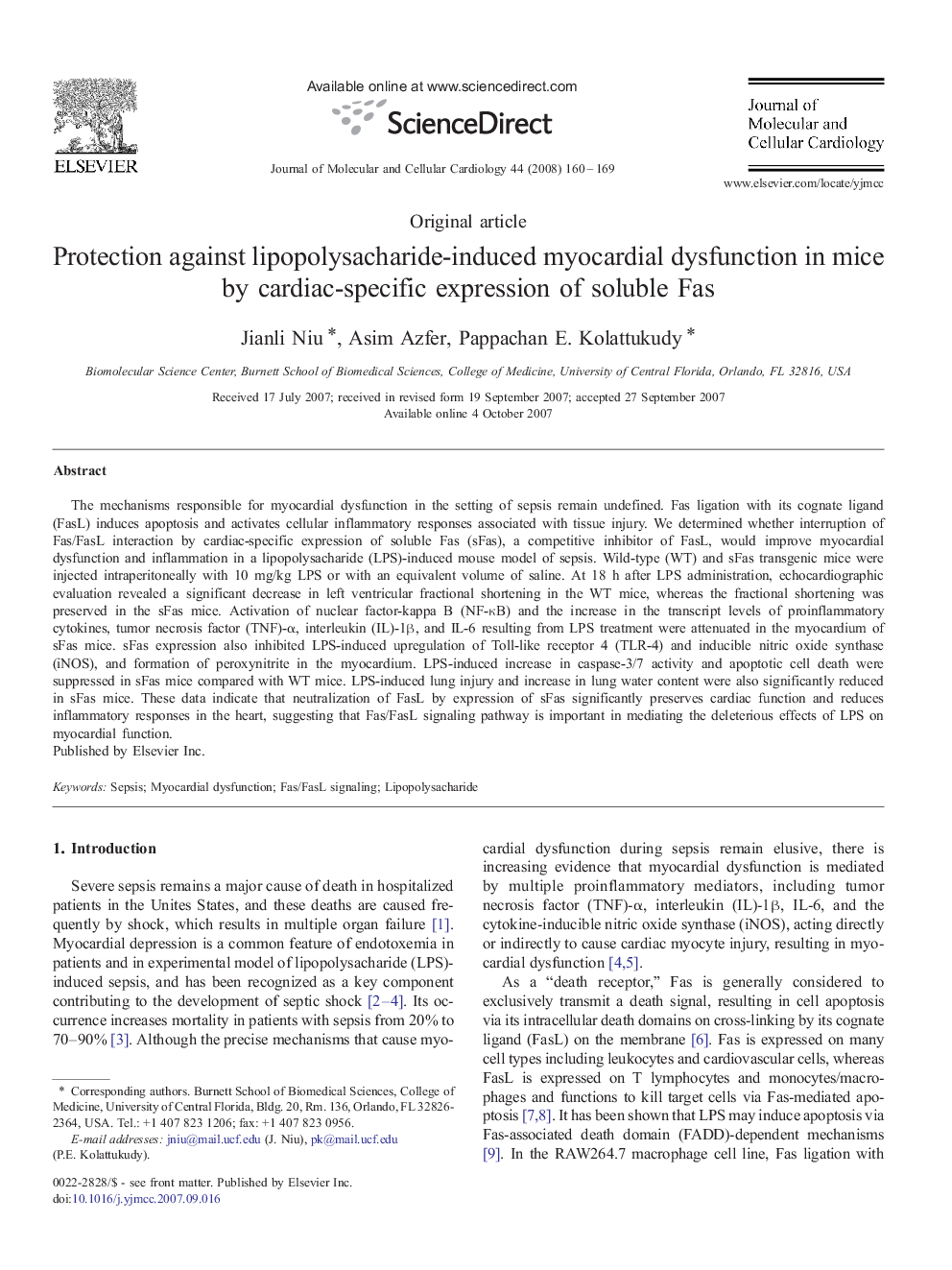 Protection against lipopolysacharide-induced myocardial dysfunction in mice by cardiac-specific expression of soluble Fas