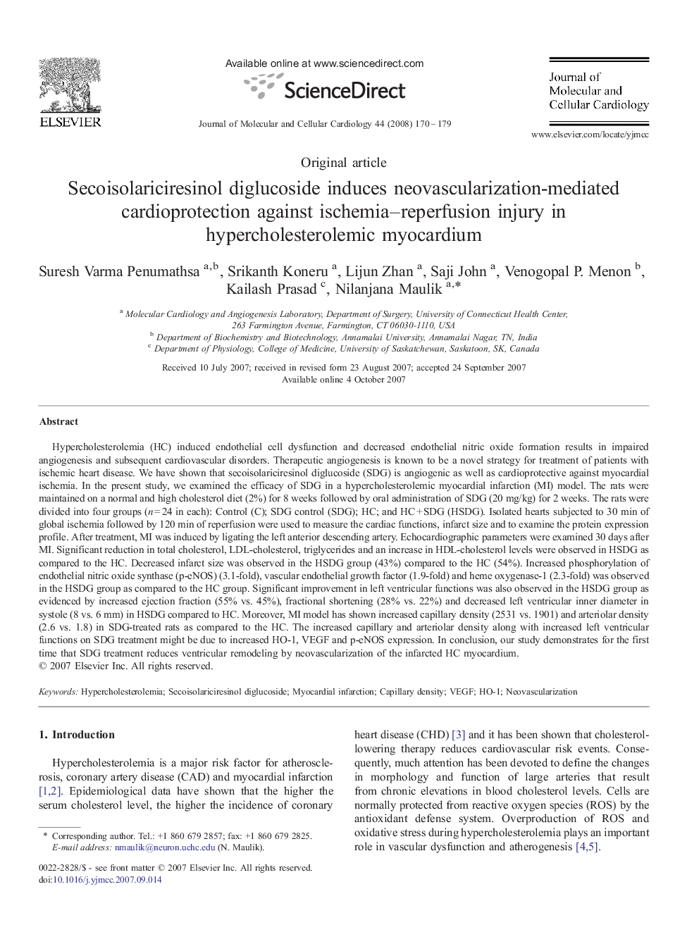 Secoisolariciresinol diglucoside induces neovascularization-mediated cardioprotection against ischemia–reperfusion injury in hypercholesterolemic myocardium