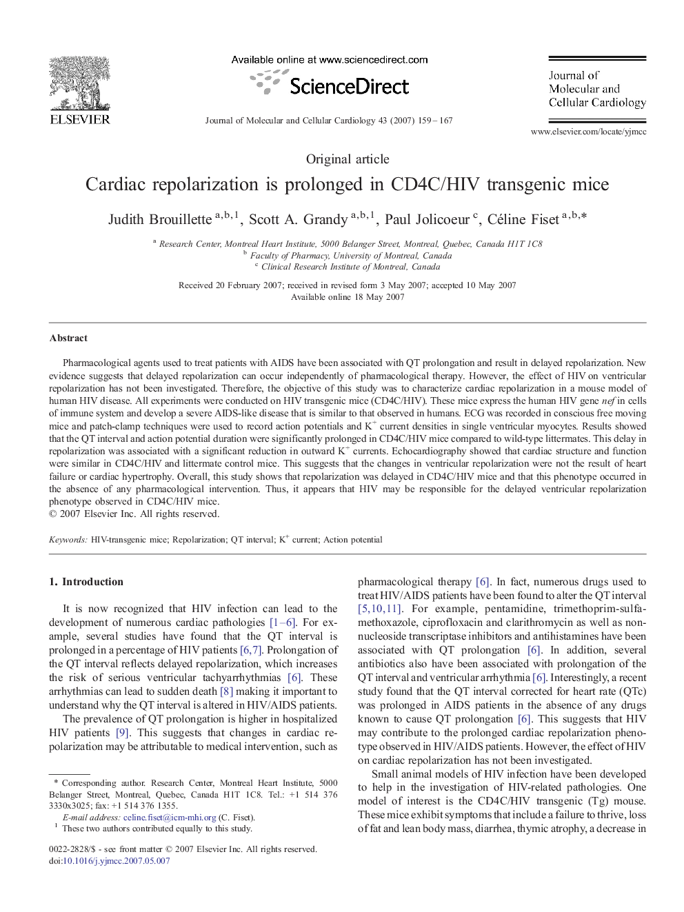 Cardiac repolarization is prolonged in CD4C/HIV transgenic mice