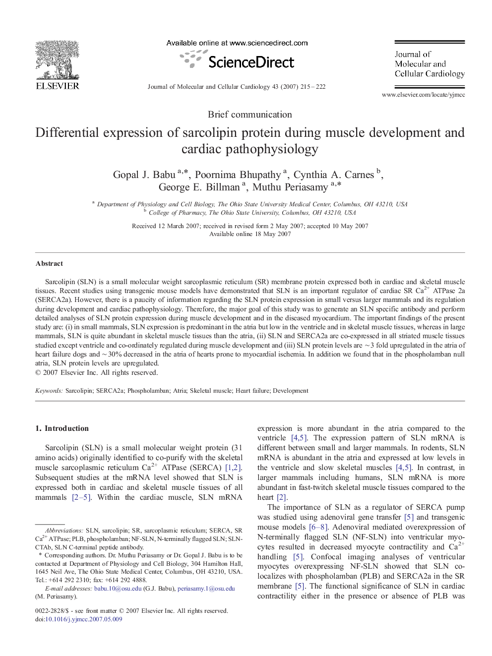 Differential expression of sarcolipin protein during muscle development and cardiac pathophysiology