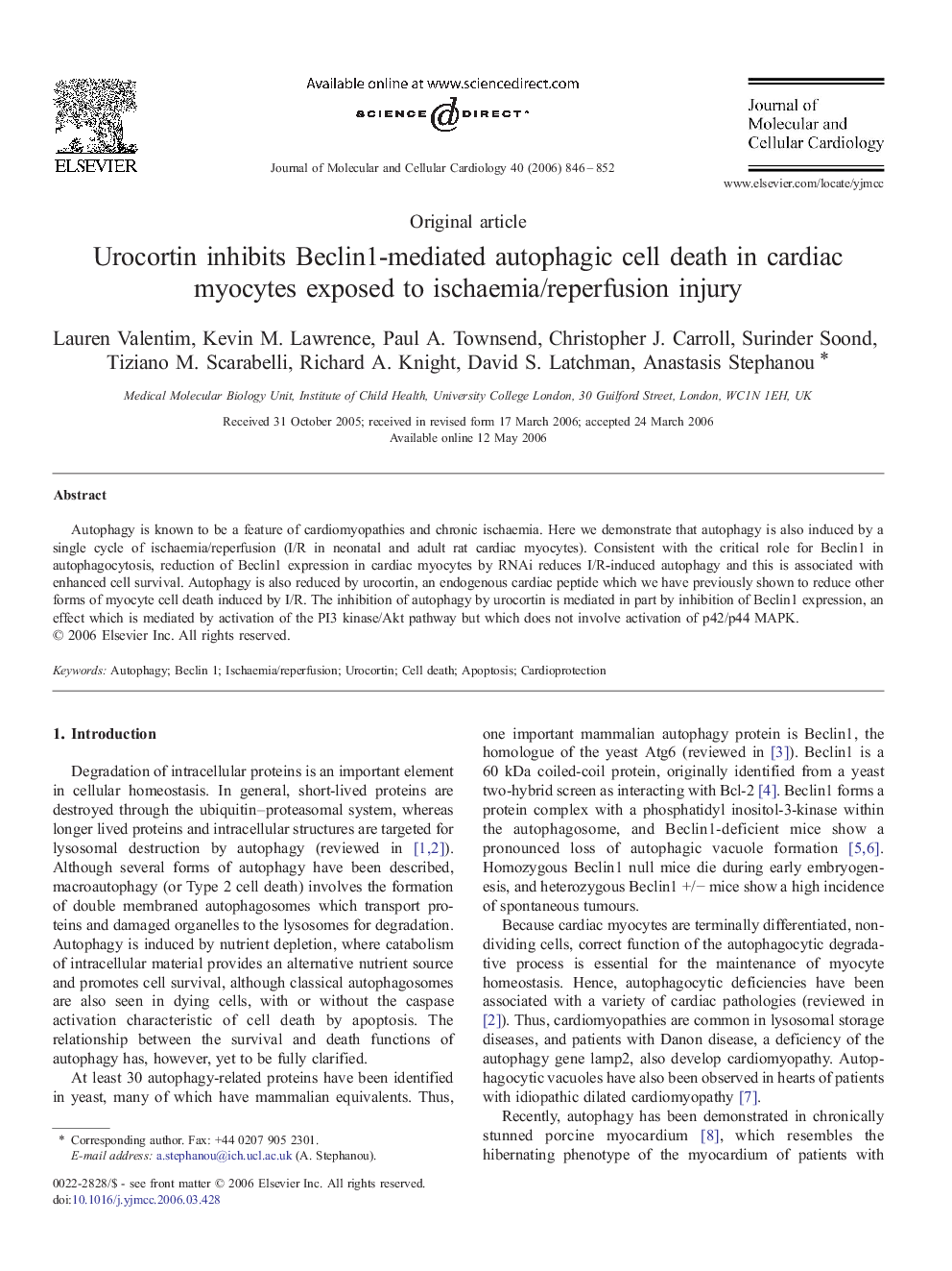 Urocortin inhibits Beclin1-mediated autophagic cell death in cardiac myocytes exposed to ischaemia/reperfusion injury