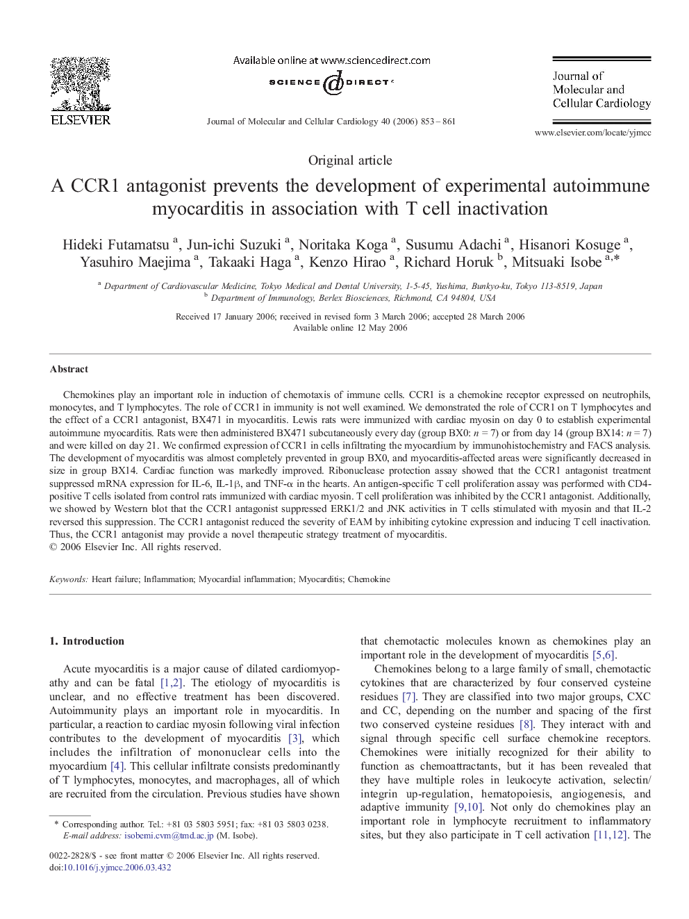 A CCR1 antagonist prevents the development of experimental autoimmune myocarditis in association with T cell inactivation