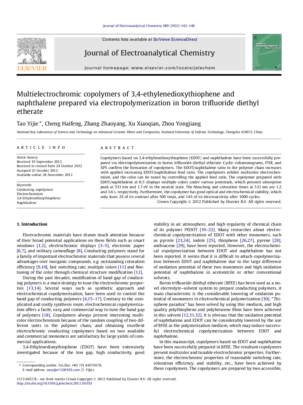 Multielectrochromic copolymers of 3,4-ethylenedioxythiophene and naphthalene prepared via electropolymerization in boron trifluoride diethyl etherate