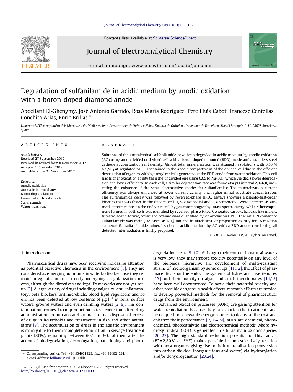 Degradation of sulfanilamide in acidic medium by anodic oxidation with a boron-doped diamond anode