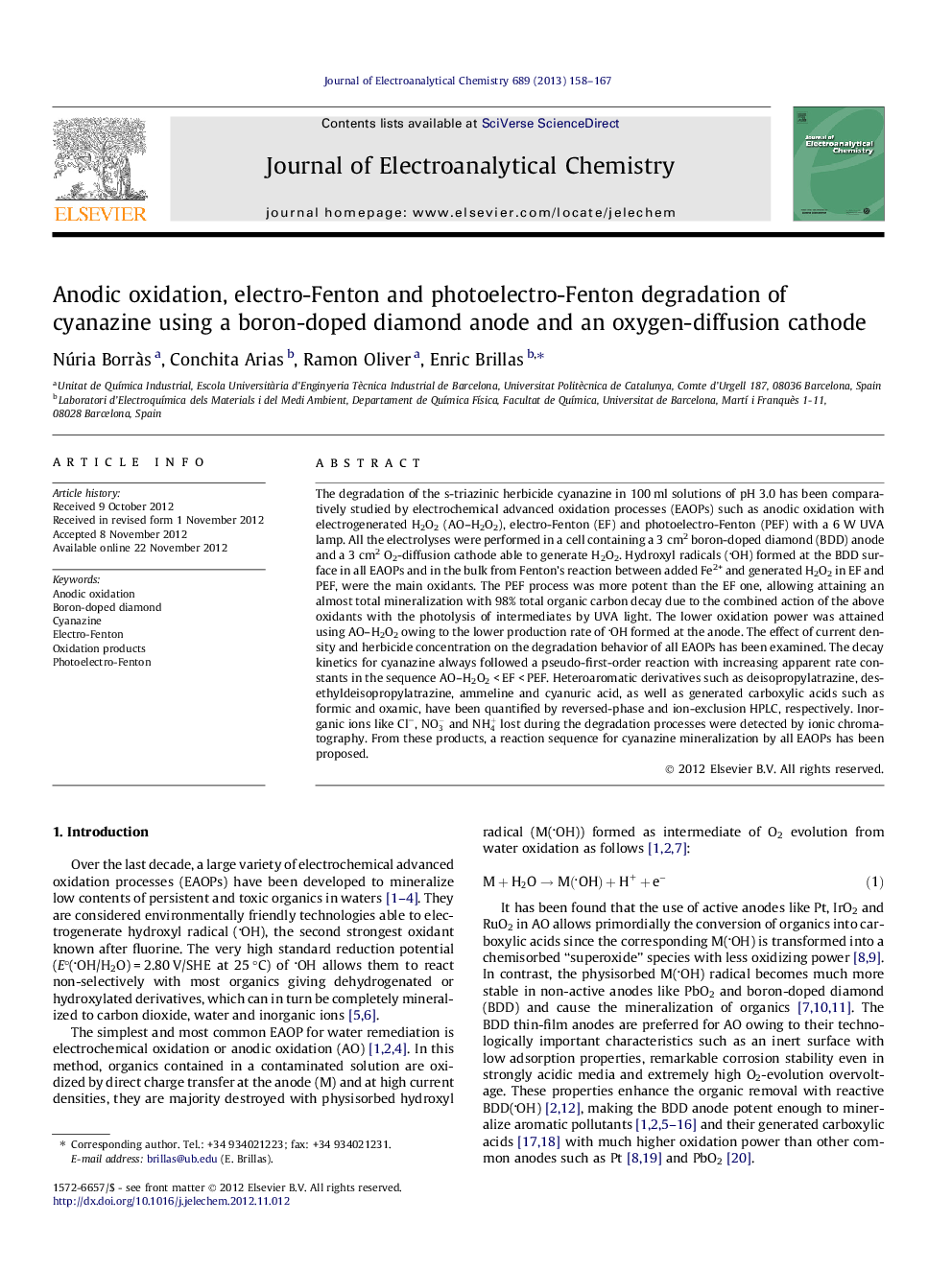 Anodic oxidation, electro-Fenton and photoelectro-Fenton degradation of cyanazine using a boron-doped diamond anode and an oxygen-diffusion cathode