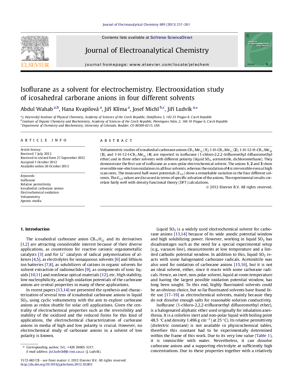 Isoflurane as a solvent for electrochemistry. Electrooxidation study of icosahedral carborane anions in four different solvents