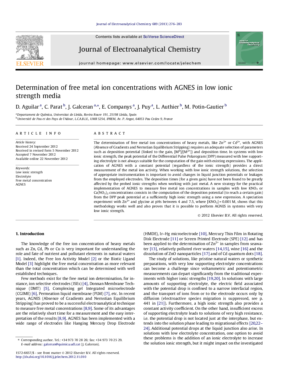 Determination of free metal ion concentrations with AGNES in low ionic strength media